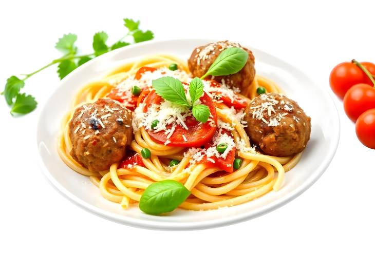 Savory Pasta and Meatballs on a White Background